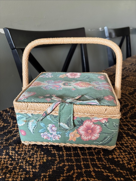Vintage Other - VTG Floral Fabric Sewing Basket with Woven Handle - Green & Pink